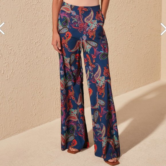 Organic Boho Navy Blue Patterned Wide Leg Trouser - Picture 10 of 11